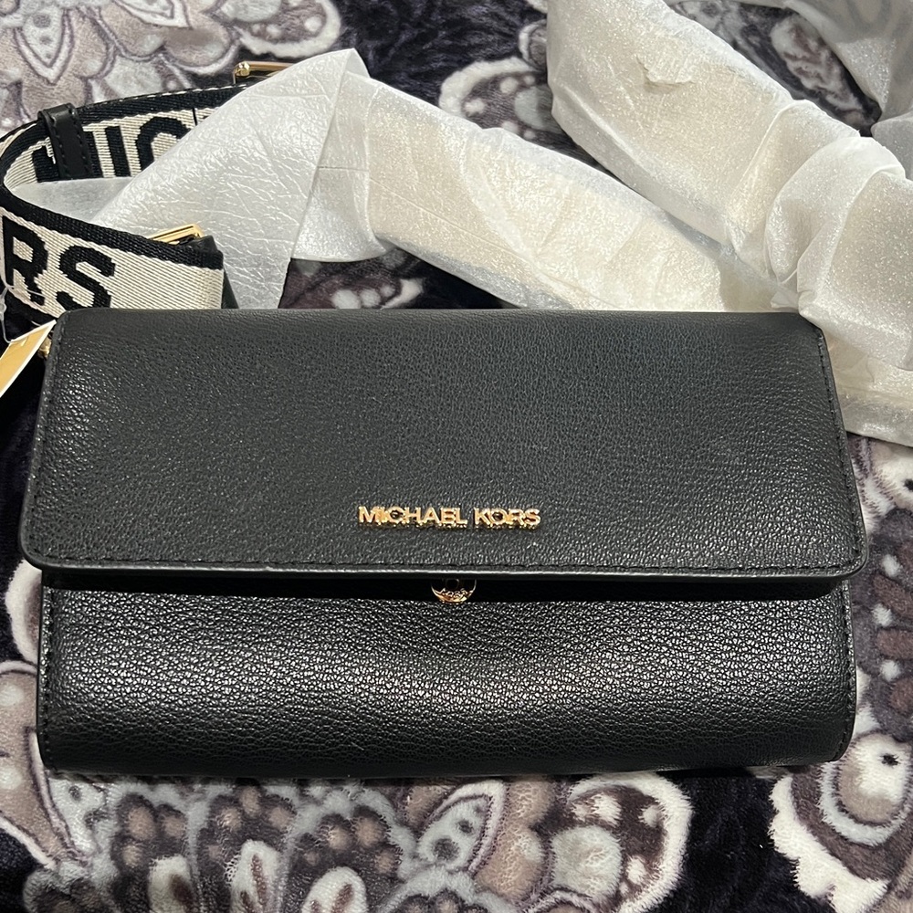 Michael Kors Black Pebbled Leather Crossbody Wallet with Logo Strap